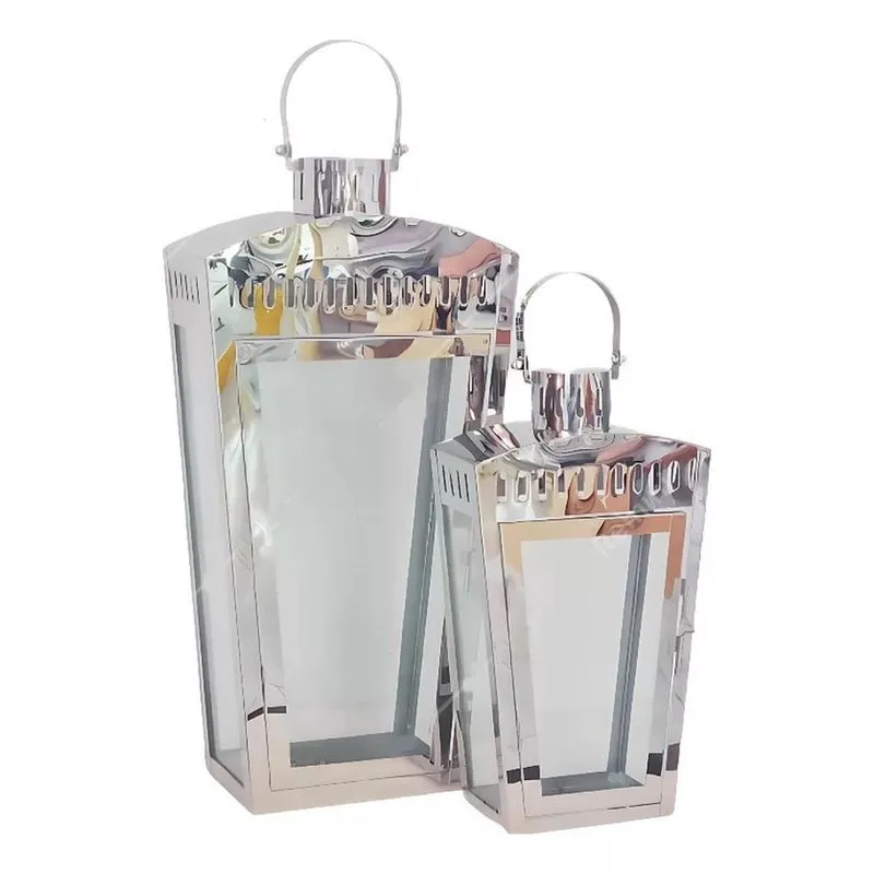 Lanterna Marroquina Kit 2 Pçs Aço Inox Prata Vidro 45X24