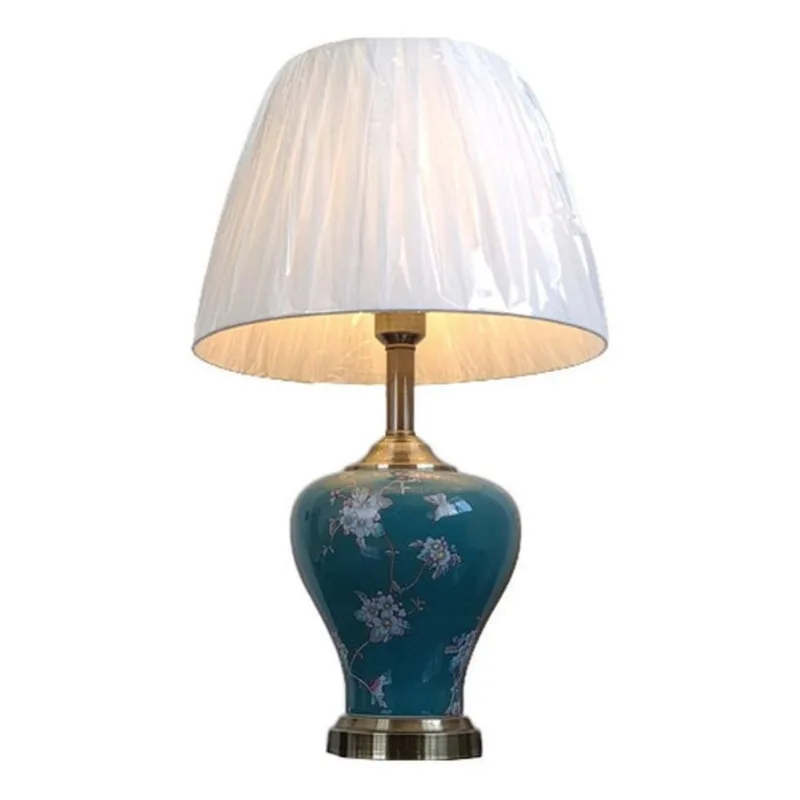 Abajur Luminária Verde Pássaros Porcelana E Metal 60X35