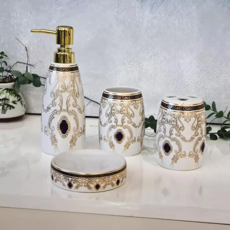 Kit Banheiro Lavabo Branco Detalhes Fino Requinte 4 Peças