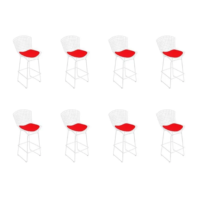 Kit 8 Banquetas Bistrô Bertoia Branca D80 Com Assento Vermelho