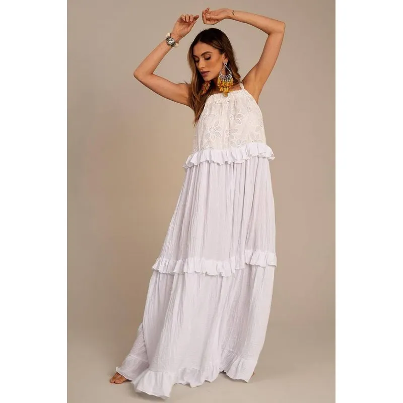 Vestido Longo Amplo De Alças Com Rendas E Babados Branco Yacamim C21 P / Branco
