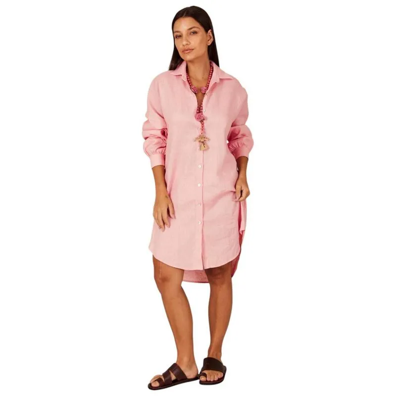 Chemise Clássica De Linho Alongada Rosa Claro Yacamim P5 P / Rosa