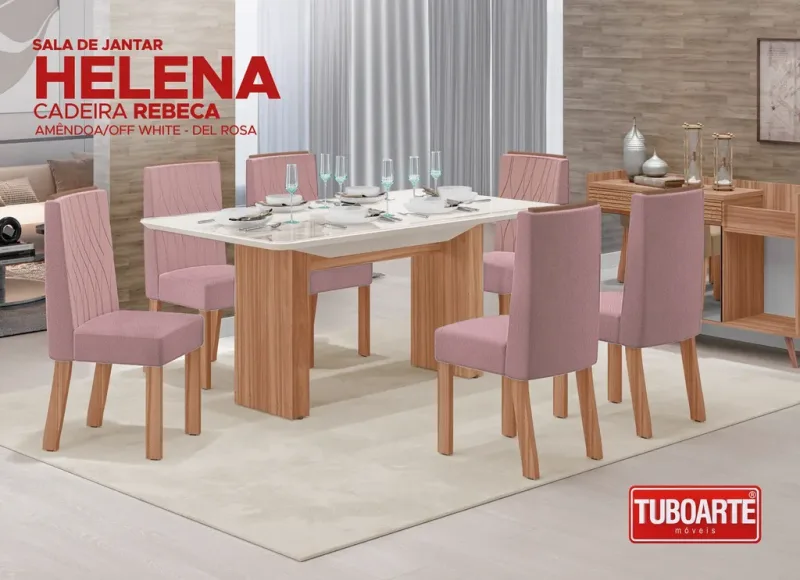 Mesa Helena 06 Cadeiras Rebeca Amêndoa Plus/Off White/Rosa - Tuboarte