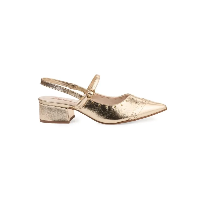 Slingback Bebecê com Bico Fino, Tachas e Salto Médio Dourado 39