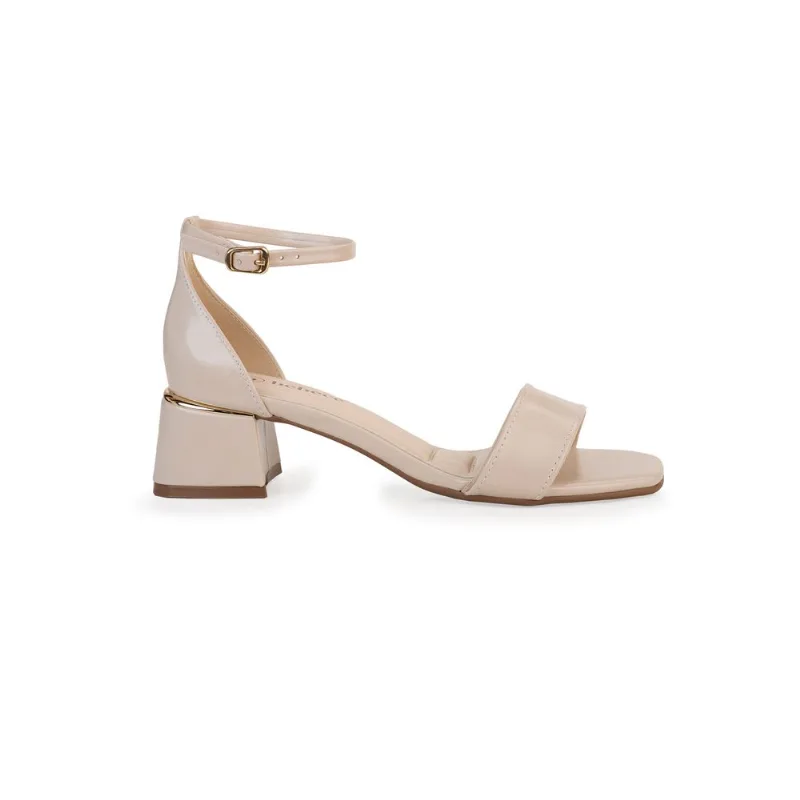Sandália Bebecê Salto Bloco Com Detalhe Dourado Bico Quadrado Creme 33