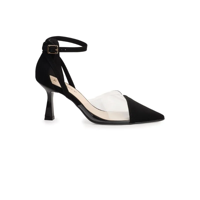 Scarpin Bebecê Salto Alto Bico Fino Vinil com Fivela Preto 40