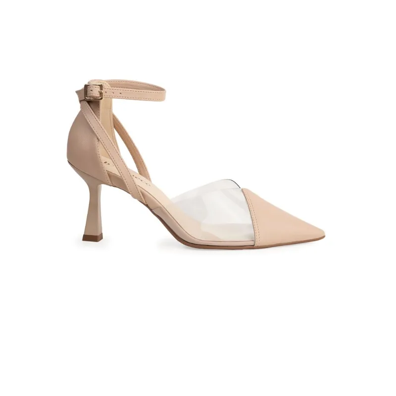Scarpin Bebecê Salto Alto Bico Fino Vinil com Fivela Nude 38