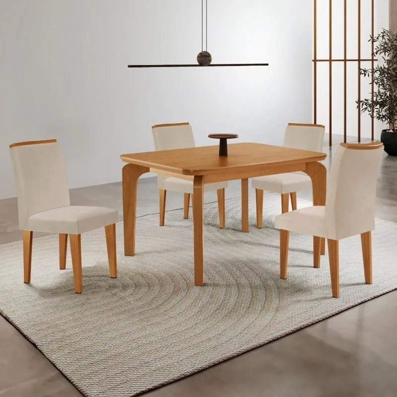 Conjunto Mesa de Jantar 120cm com 4 Cadeiras Estofadas Multimóveis CRRFT-CON044 Bege Creme