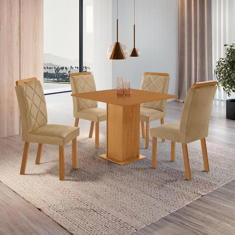 Conjunto Mesa de Jantar 90cm com 4 Cadeiras Estofadas Multimóveis CRRFT-CON048 Bege