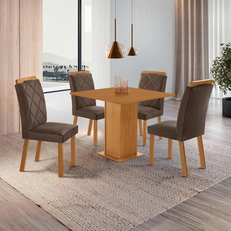 Conjunto Mesa de Jantar 90cm com 4 Cadeiras Estofadas Multimóveis CRRFT-CON048 Madeirado