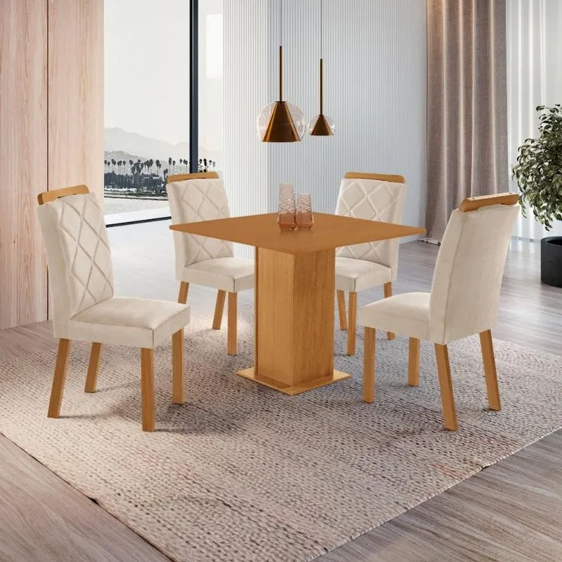 Conjunto Mesa de Jantar 90cm com 4 Cadeiras Estofadas Multimóveis CRRFT-CON048 Bege Creme