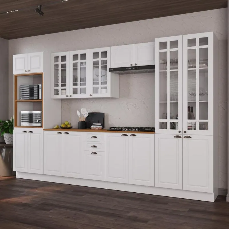 Cozinha Modulada Completa Americana 100% MDF 350cm com Rodapé Provence Multimóveis CRINK-CPL001