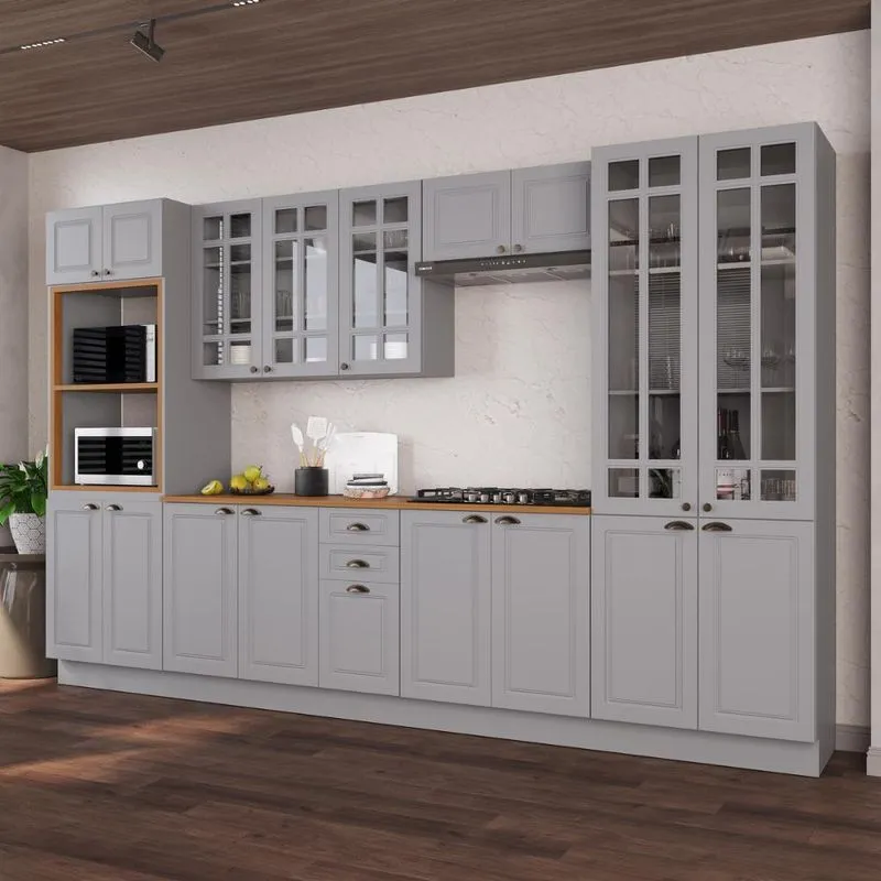Cozinha Modulada Completa Americana 100% MDF 350cm com Rodapé Provence Multimóveis CRINK-CPL001