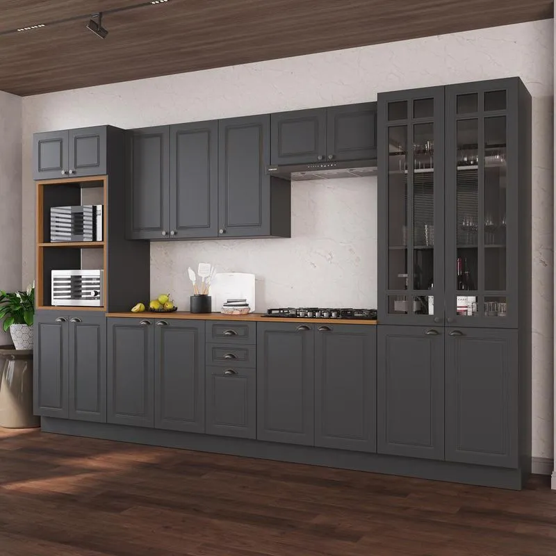 Cozinha Modulada Completa Americana 100% MDF 350cm Com Rodapé Provence Multimóveis Crink-CPL002 Grafite