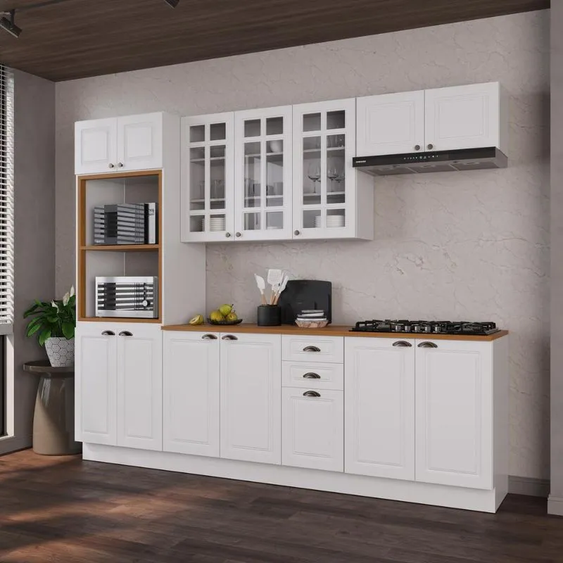 Cozinha Modulada Completa Americana 100% MDF 270cm com Rodapé Provence Multimóveis CRINK-CPL005