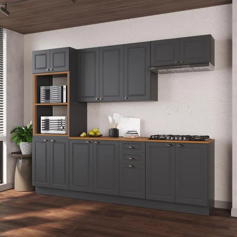 Cozinha Modulada Completa Americana 100% MDF 270cm com Rodapé Provence Multimóveis CRINK-CPL006