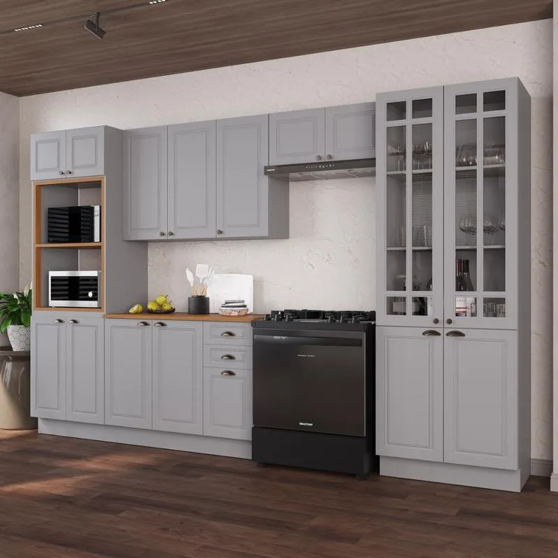 Cozinha Modulada Completa Americana 100% MDF 350cm com Rodapé Provence Multimóveis CRINK-CPL010