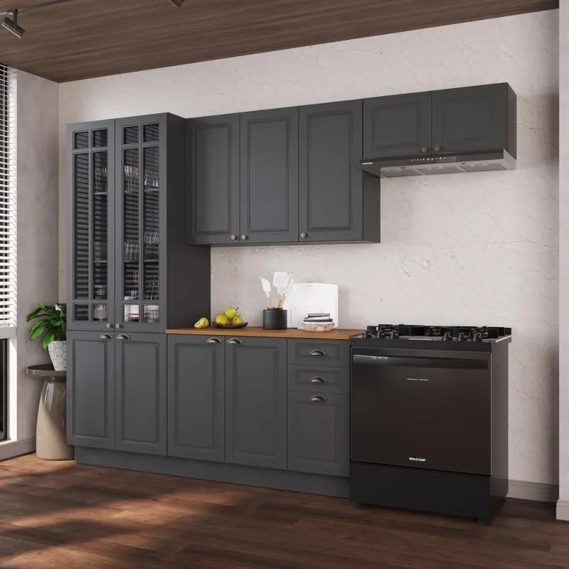 Cozinha Modulada Completa Americana 100% MDF 280cm com Rodapé Provence Multimóveis CRINK-CPL016