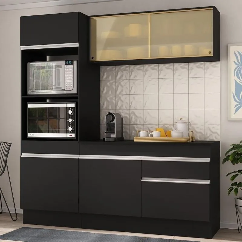 Cozinha Compacta Armário Balcão e Rodapé FL2178 Multimóveis Preto-branco