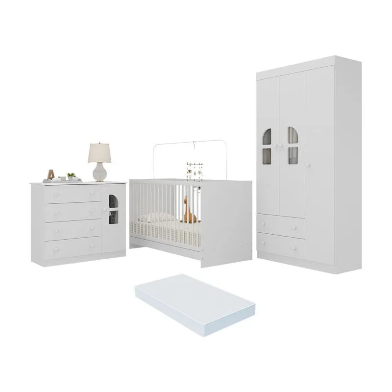 Quarto de Bebê Completo com Berço 3 em 1 com Colchão Incluso Amora Multimóveis MP4573 Branco