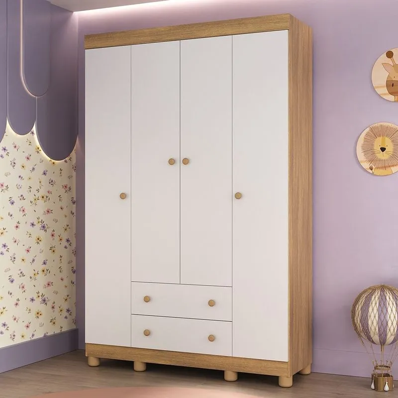 Guarda-roupa Infantil 122cm 4 Portas e 2 Gavetas Allegra Multimóveis MP4443 Madeirado/Branco