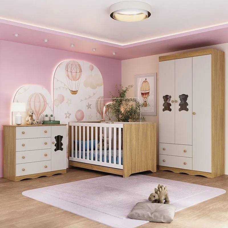Quarto de Bebê Completo Berço Americano 3 em 1 Colchão Doçura Multimóveis MP4670 Madeirado/Off White