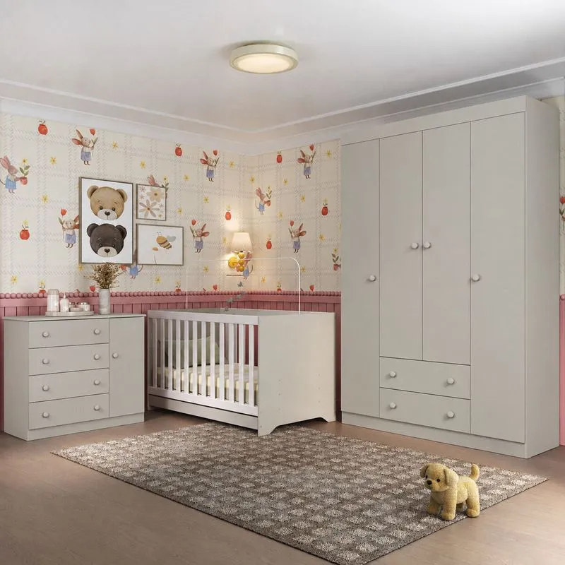 Quarto de Bebê Completo com Berço Americano 3 em 1 Colchão Incluso Encanto Multimóveis MP4597 - Off White