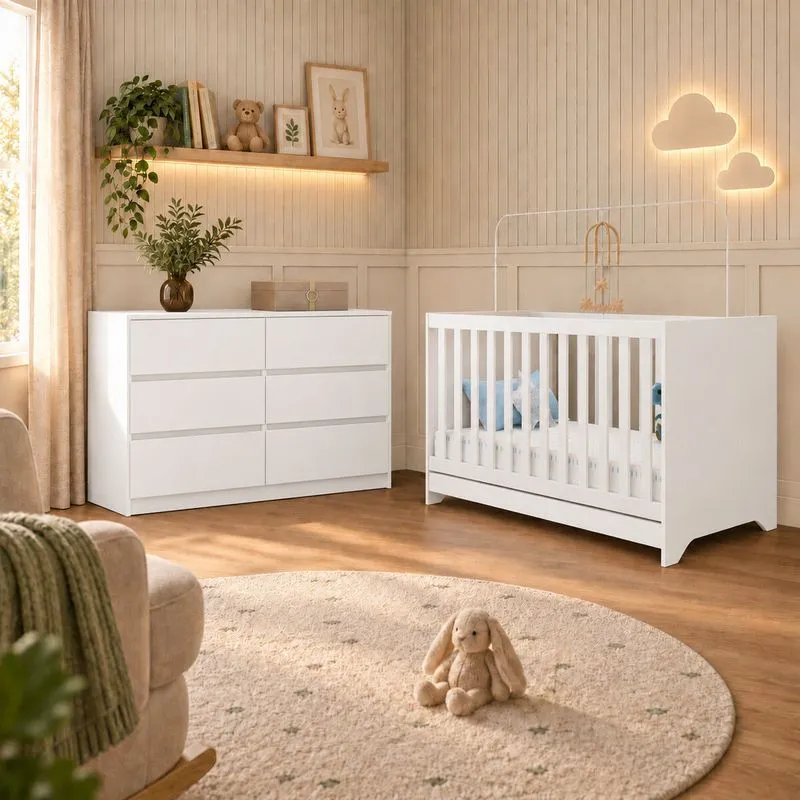 Quarto de Bebê Berço Americano 3 em 1 com Colchão Incluso e Cômoda 6 Gavetas Multimóveis MP4871 Branco