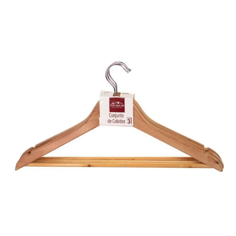 Kit 3 Cabides de Madeira com Verniz Gancho Giratório Closet Organizador Top Rio Comercial