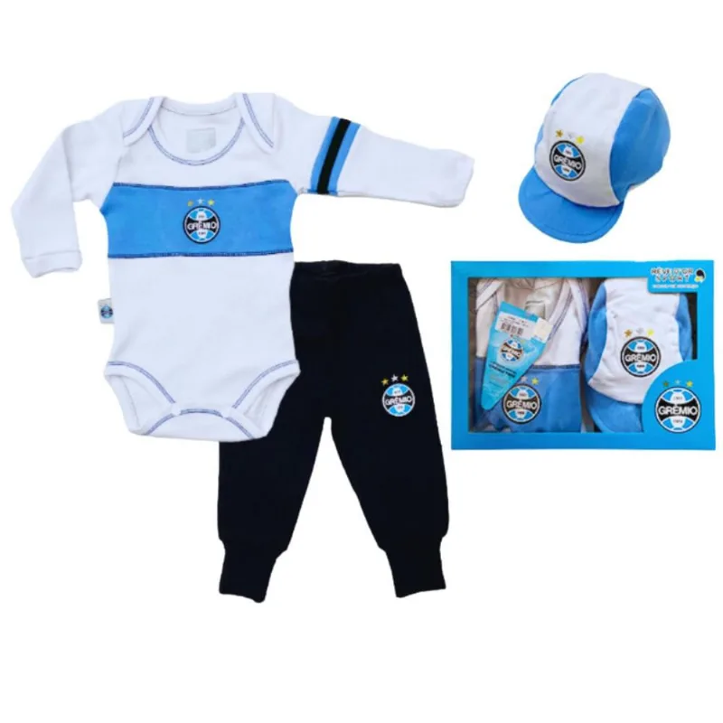 Conjunto Bebê Grêmio Longo Kit Com Body Calça e Boné Oficial P / Branco