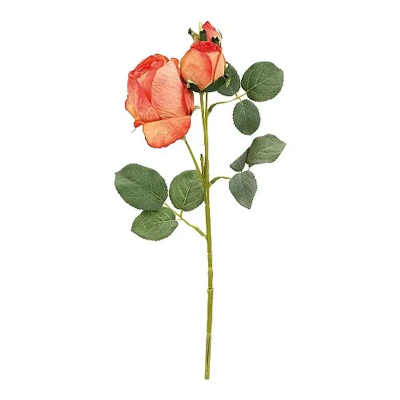 Flores Decorativas Permanentes - Rosa Com Folhas 41cm Laranja-verde - 6 Hastes