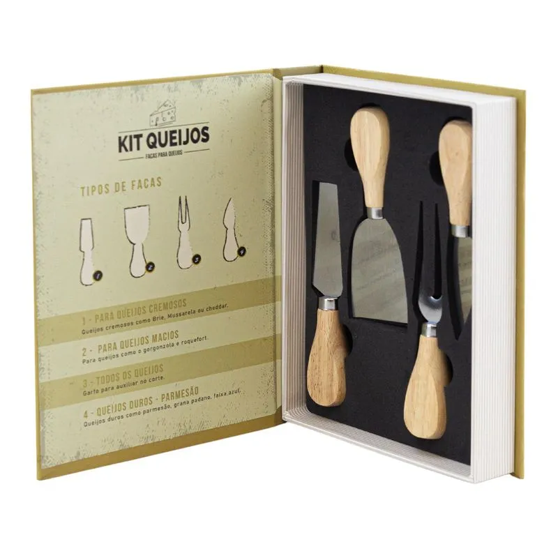 Kit 4 Utensílio Para Queijo Facas Espátula Garfo Caixa Livro