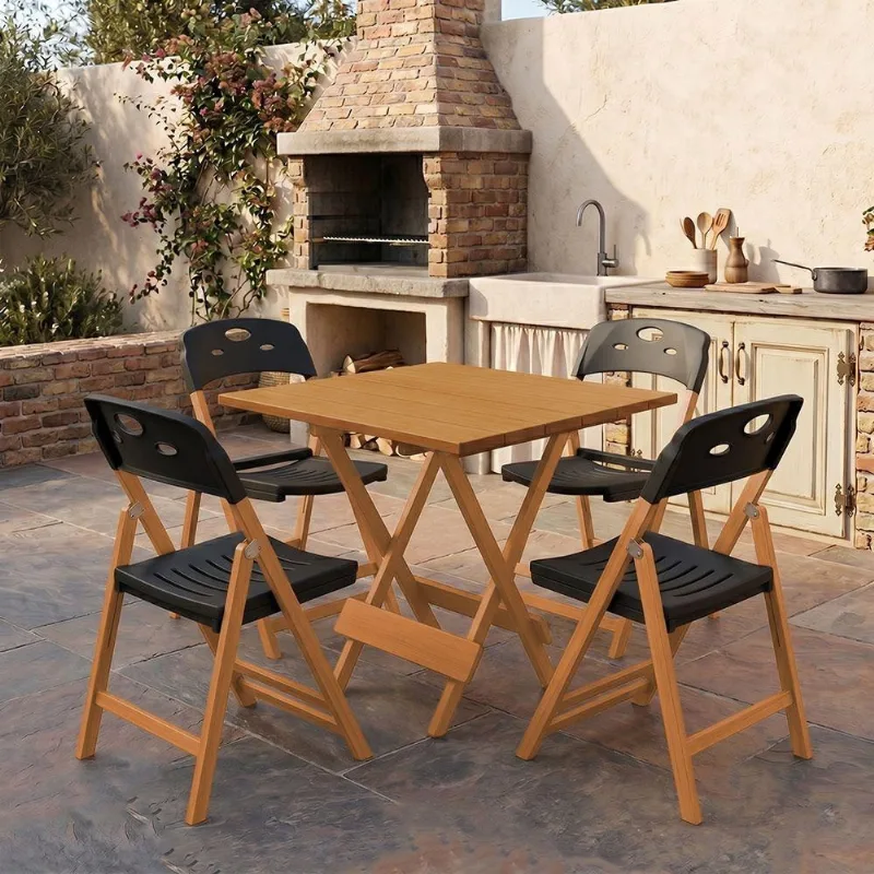 Conjunto Elegance 4 Lugares Mesa Dobrável Tampo MDF Cadeiras Polipropileno Preto Mega Madeira