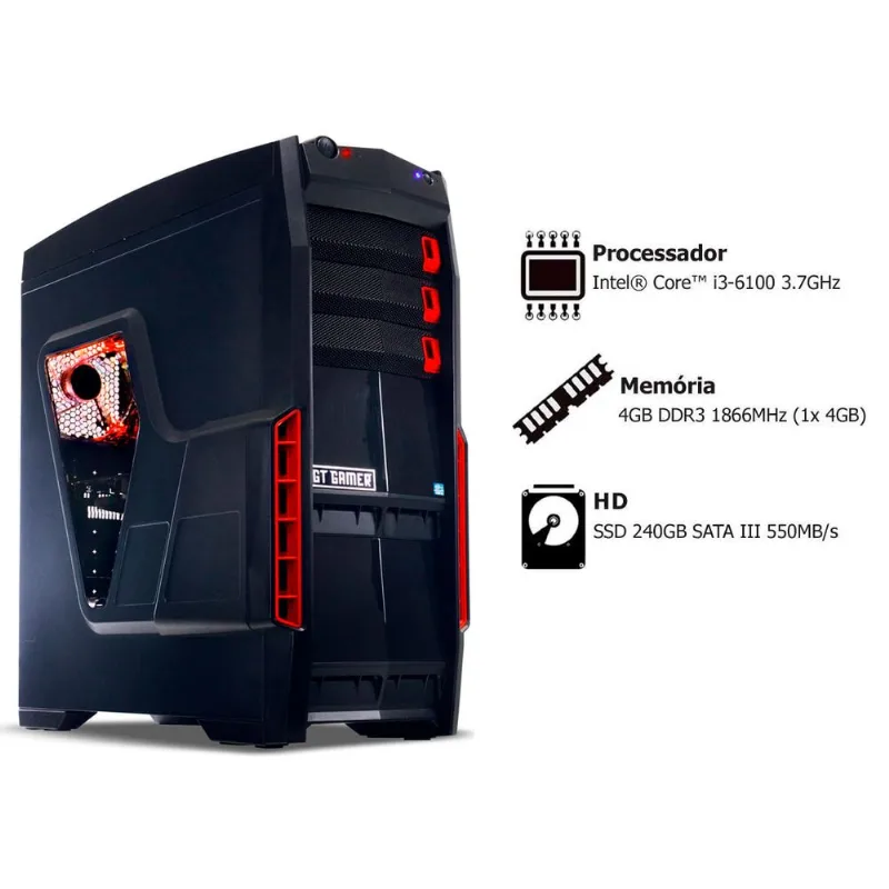 PC Gamer Goldentec GAMERGGW10 com Intel Core i3-6100 3.7GHz 4GB SSD 240GB DVD Windows 10 Home - Goldentec