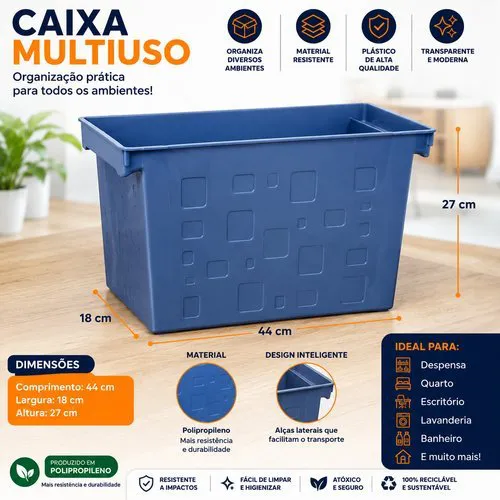 Caixa Multiuso Organizadora Plástica Retangular 21 Litros Azul Resistente Tampa Prática