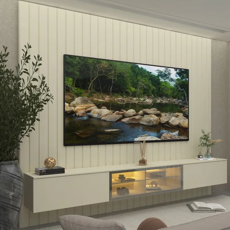 Estante Home Ripada Para TV Até 85 Polegadas Com LED 3 Portas Em MDF Majestade Luminare Gelius