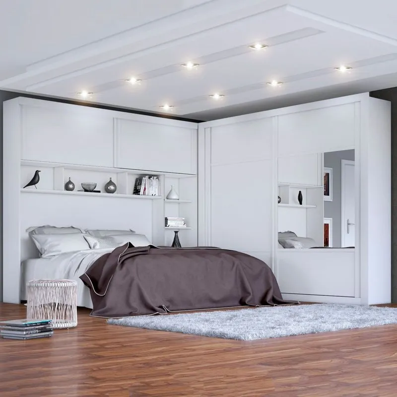 Guarda Roupa Casal Conjugado com Cabeceira e Ponte Modulada Firenze Móveis Europa Branco Acetinado