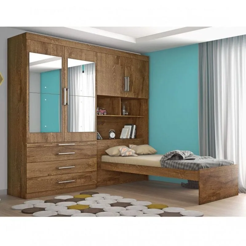 Guarda Roupa Solteiro com Espelho 4 Portas com Cama Baú Lyon e Mesa Retrátil Móveis Europa