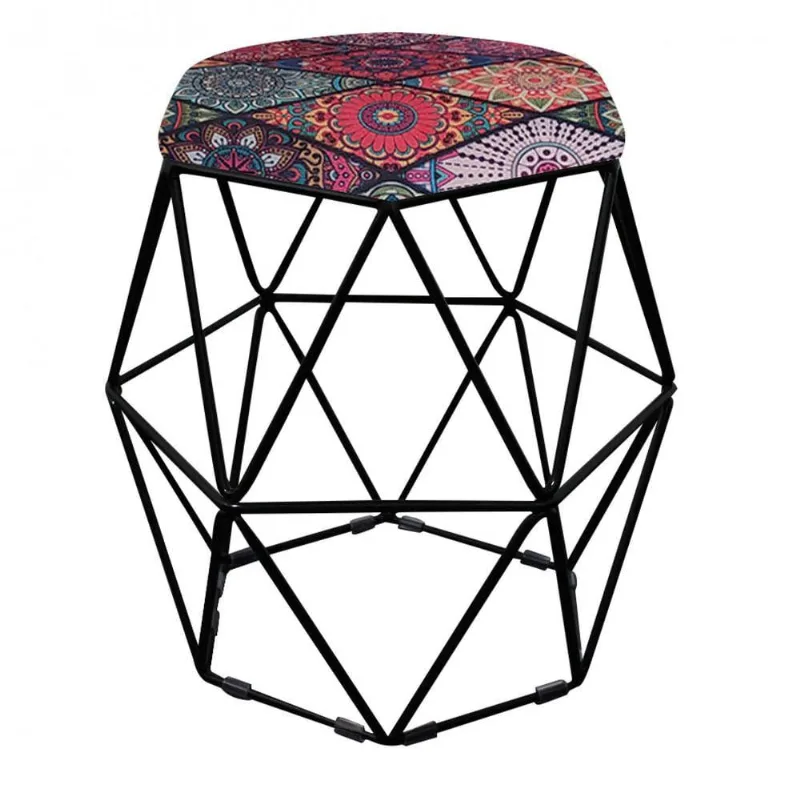 Kit 06 Puff Banqueta Aramado Luna Hexágono Base Preto Mandala Colorido
