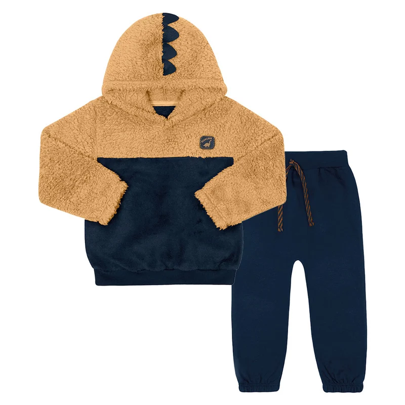 Conjunto Blusa e Calça em Pelinho com Capuz Marrom e Marinho Tileesul - Masculino 03 / Menino