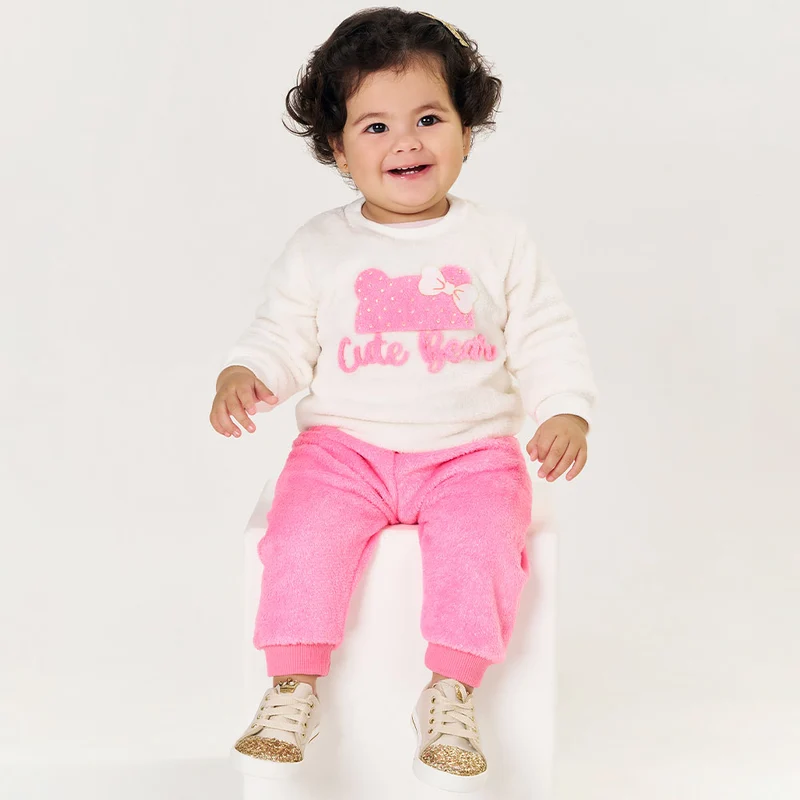 Conjunto Blusa e Calça em Pelinho Cute Bear Marfim Tileesul - Feminino G / Menina