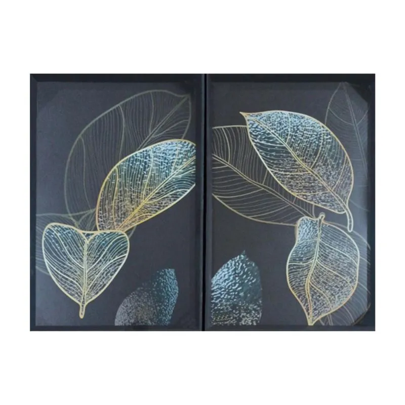 Quadro Duplo Abstrato Folhas com Moldura Preto