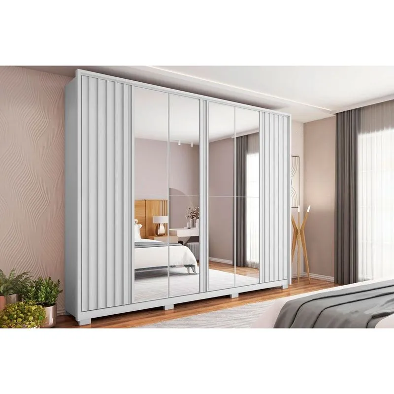 Guarda Roupa Casal 6 Portas (4 c/ Espelho) e 4 Gavetas Apollo Double Lux Branco - Caemmun