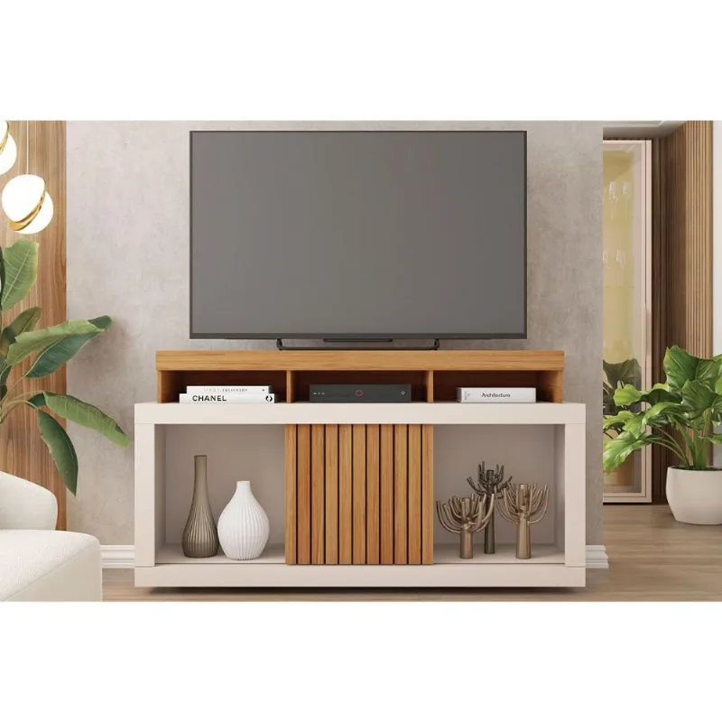 Rack Bancada p/ TV até 55 Pol Dragon c/ Nicho e Rodízios 136cm Freijo/Off White - Caemmun - Caemmun