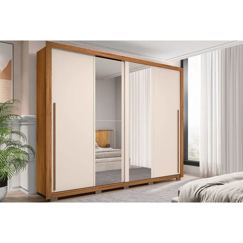 Guarda Roupa 2 Portas de Correr c/ Espelho e 4 Gavetas Praticus Lux Freijo/Off White - Caemmun