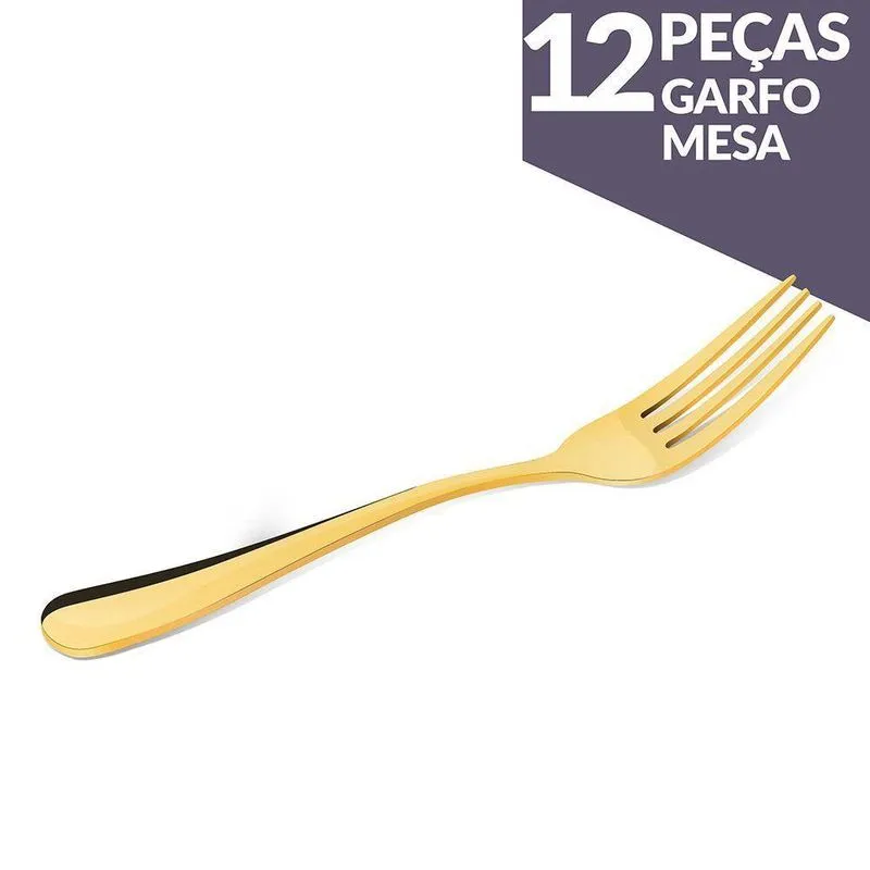 Kit c/ 12 Garfos De Mesa Elite Glamour Dourado