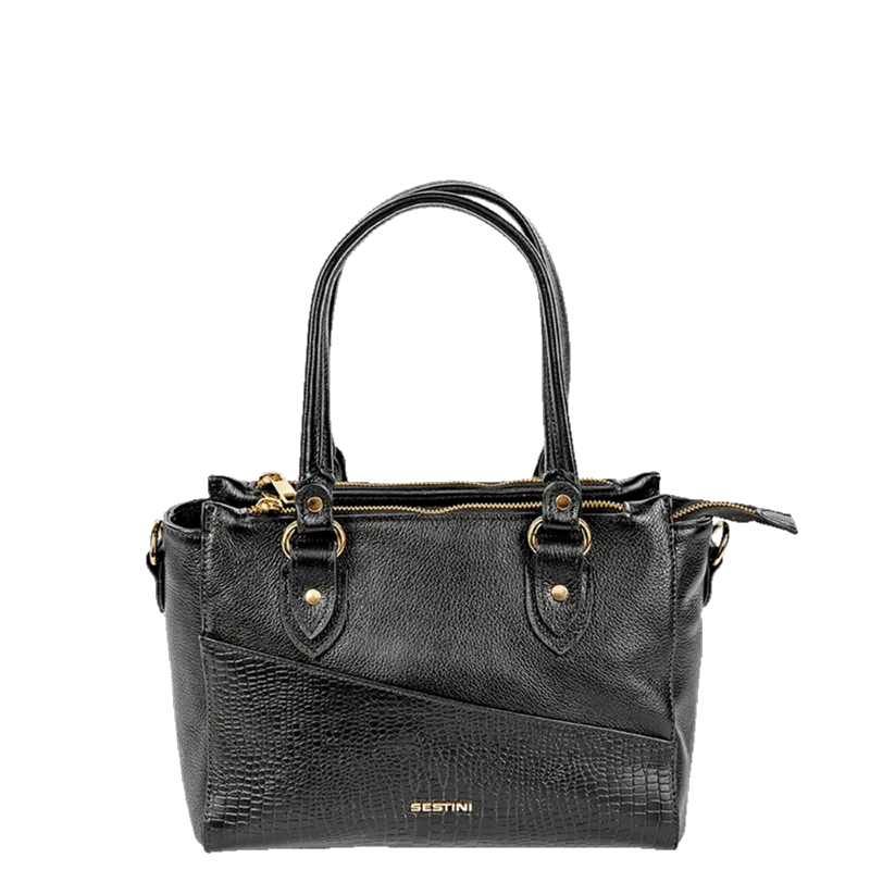 Bolsa Satchel Média 3 Compartimentos Couro Sestini Terrene - Preto