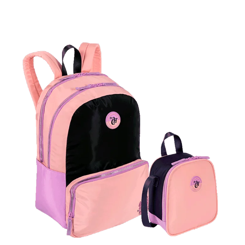 Kit Mochila 2 Compartimentos e Lancheira Grande Capricho Block - Coral