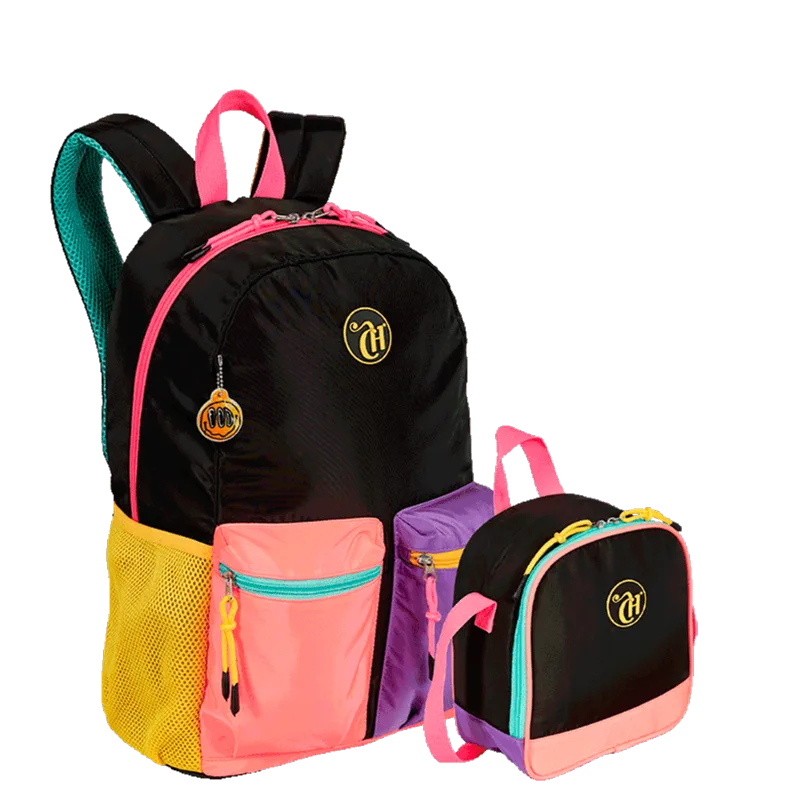 Kit Mochila Grande e Lancheira Grande Capricho Contrast - Preto e Rosa