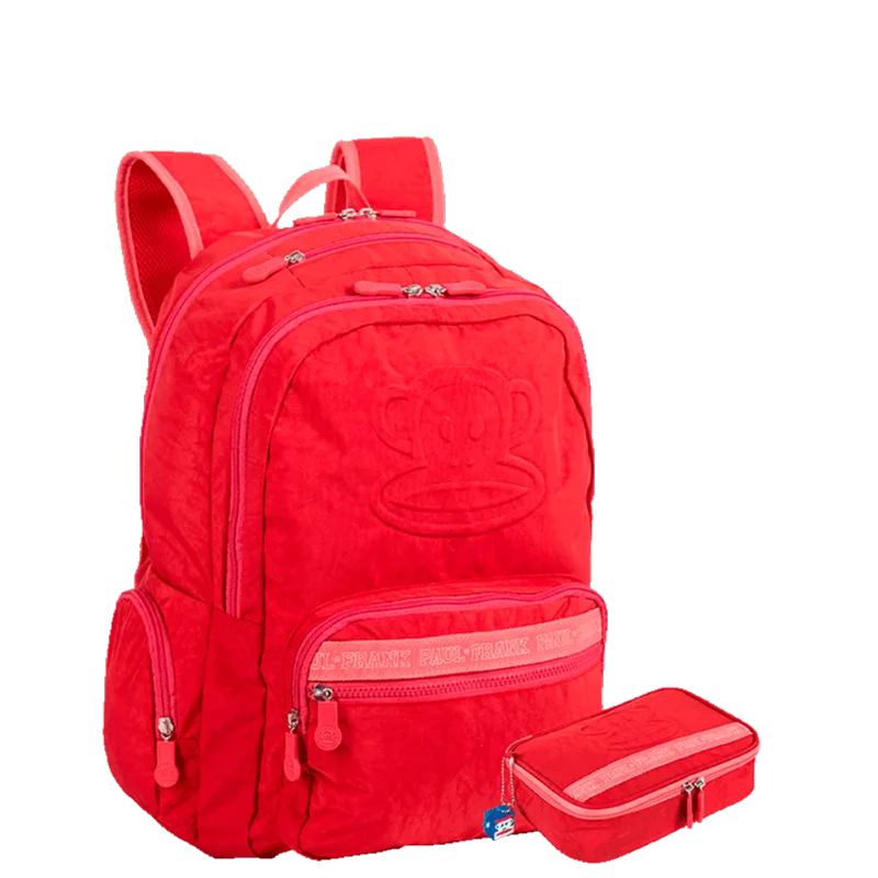 Kit Mochila Grande 2 Compartimentos e Estojo Box Especial Paul Frank T03 - Cereja